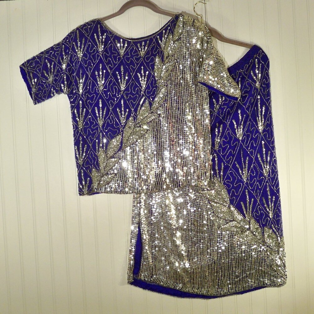 Blue, Silver Beed & Sequin Skirt & Top *set M